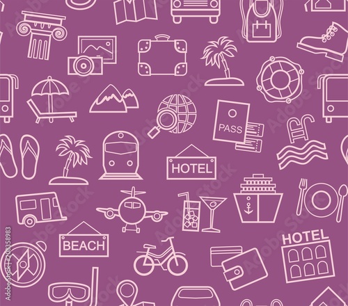 Travel Vacation Tourism Seamless Pattern Outline Travel Vacation Tourism Seamless Pattern Outline Purple Color Vector Diffe Types Of Holidays And Ways Travelling