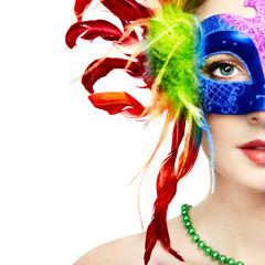 Canvas Print - Beautiful young Woman in Mysterious Rainbow Venetian Mask. Fashion photo. Masquerade Mask with Colour Feathers