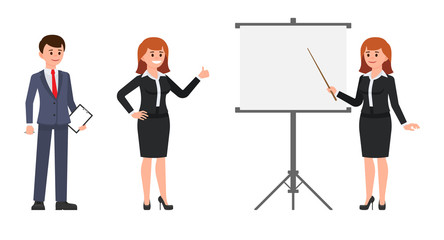 Man and woman office workers making report on flip chart. Vector illustration of cartoon character coworkers at presentation