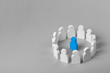 Wall Mural - Concept leader of  business team. Crowd of white men stands in  circle and listens to the leader of the blue color