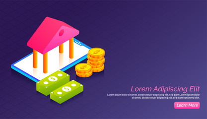 Wall Mural - Landing page design, Online banking and stack of coins with money.