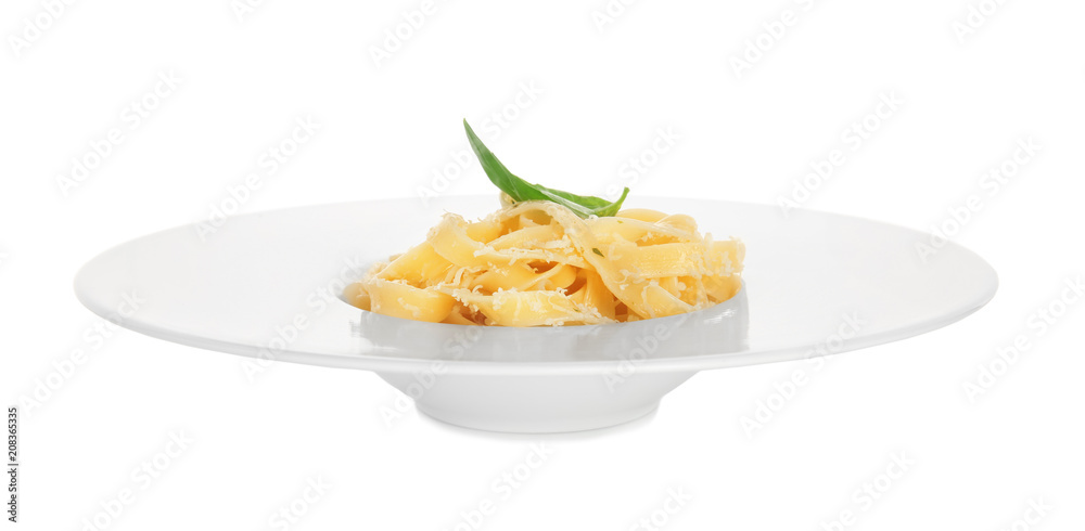Plate of delicious pasta with cheese on white background