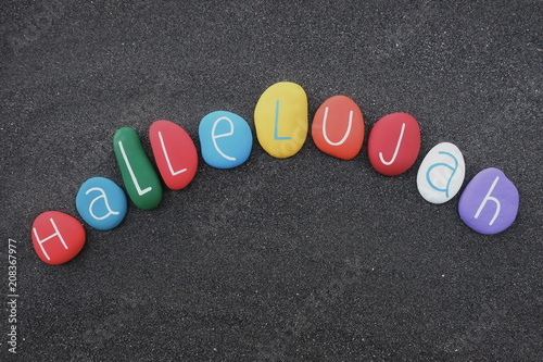 Cuadros en Lienzo Hallelujah text composed with multi colored sea stones over black volcanic sand