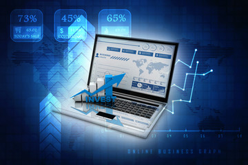 Poster - 3d rendering Business analyze. Laptop, graph(Stock market Concept)
