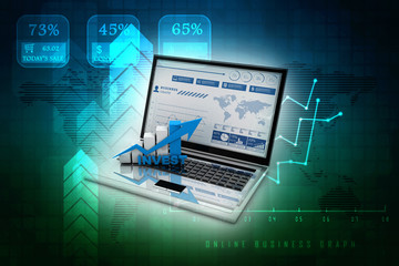 Poster - 3d rendering Business analyze. Laptop, graph(Stock market Concept)
