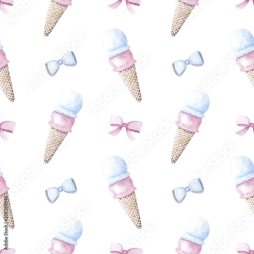 recznie-rysowane-akwarela-ilustracja-bez-szwu-wzor-pastelowe-dziewczynka-chlopiec-rozowy-niebieski-kolory-lody-wstazka-luk