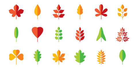 Leaf flat icon set. Vector collection. Tree leaves. Eco logo sign. Red, green, yellow. Spring, summer, autumn element