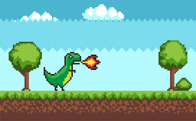 Poster - Pixel T-rex on Outdoor Walking Vector Illustration