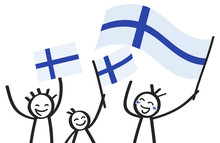 Cheering Group Of Three Happy Stick Figures With Finnish National Flags, Smiling Finland Supporters, Sports Fans Isolated On White Background
