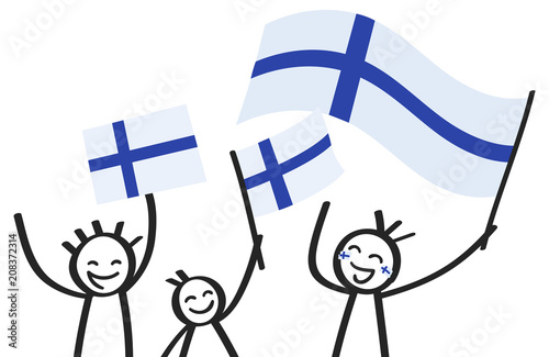 Photographie Cheering group of three happy stick figures with Finnish national flags, smiling