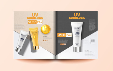 Sunscreen advertising poster Information UV protection. Creamy color cosmetic magazine or catalog template design for commercial uses, 3d illustration