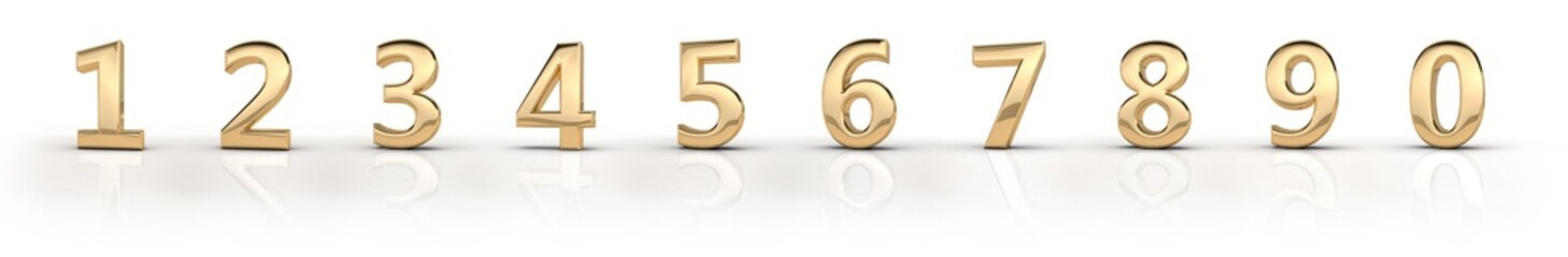 3d render (illustration) of gold metal characters. numbers, dates, letters, characters. one, two, th