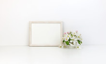 Horizontal Frame Floral Mockup, White Flowers, Styled Stock Photo