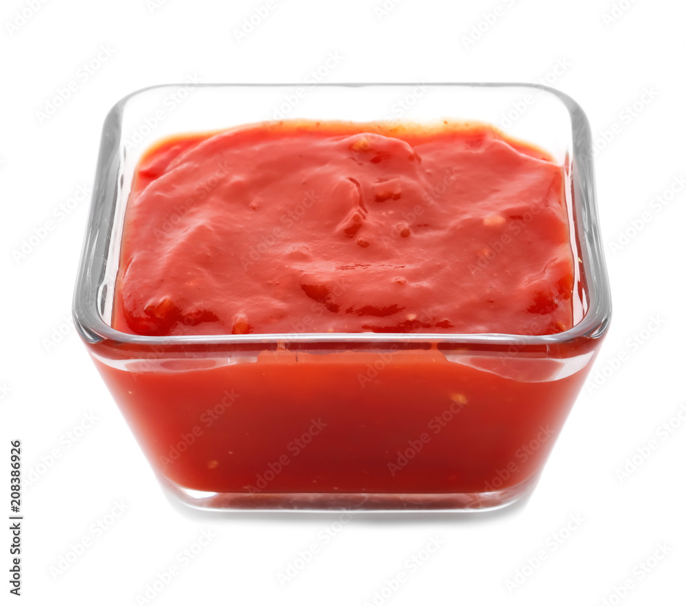 Bowl with delicious tomato sauce on white background
