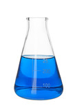 Fototapeta  - Test flask with blue sample on white background