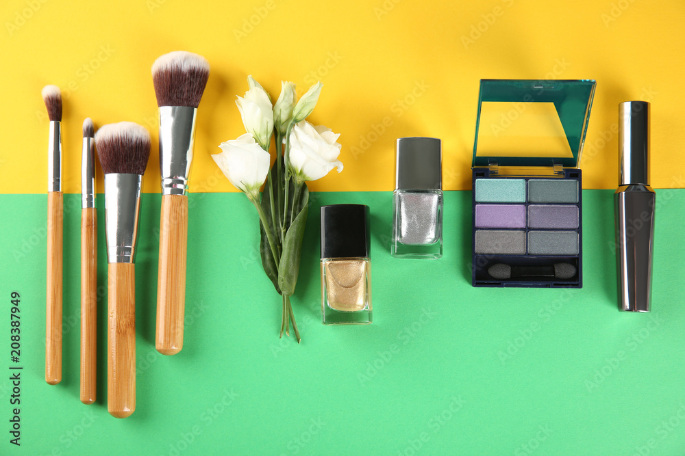 Flat lay composition with cosmetic products on color background