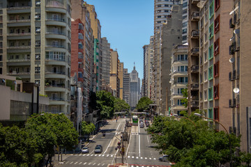 Sticker - Downtown Sao Paulo view from elevated highway known as Minhocao (Elevado Presidente Joao Goulart) with old Banespa (Altino Arantes) on background - Sao Paulo, Brazil