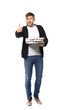 © Pixel-Shot - Young man with cardboard pizza boxes on white background. Food delivery service
