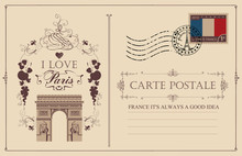 Retro Postcard With Famous Triumphal Arch In Paris, France. Vector Postcard In Vintage Style With French Landmark, Vignette, Rubber Stamp And Words I Love Paris