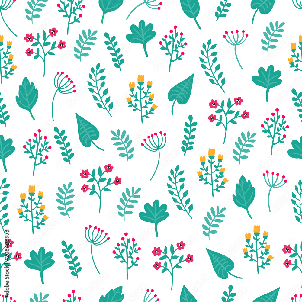 cute-hand-drawn-floral-colorful-seamless-pattern-of-flowers-and-plants-on-white-background-perfect-for-scrapbooking-wrapping-paper-textile-etc-ditsy-print-vector-illustration-stock-vector-adobe-stock