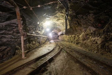 Underground old ore gold mine tunnel shaft passage mining technology with rails