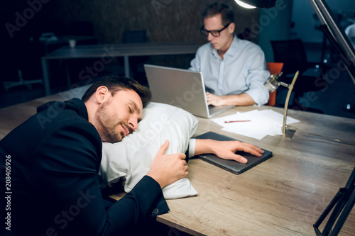 Young Man Fell Asleep In Office At Night Good Looking Businessman