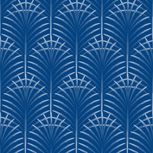 Art Deco Palm Leaves Geometry Arch Blue Seamless Pattern. Abstract Leaf Shapes Vector Background.