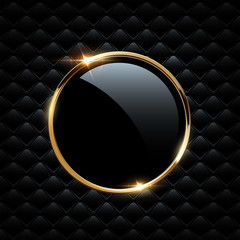 Poster - golden sparkling ring with glass circle isolated on black luxury background. vector golden frame.