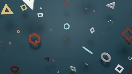 Poster - 3d render abstract background. Flat plane and simple geometry shapes in front of it. Round,  square,  triangle,  hexagon primitives with blurred shadow. Loopable sequence.
