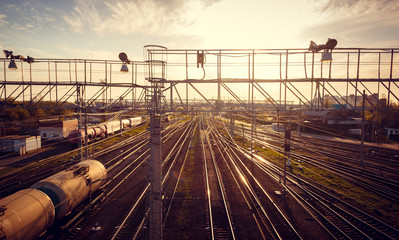 Russian railway in the spring at sunset