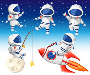 cute astronaut collection. astronaut sits on rocket, astronaut sits on moon and fishing and three da