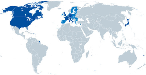  G7, Grupa siedmiu, mapa. Największe zaawansowane gospodarki świata. Kanada, Francja, Niemcy, Włochy, Japonia, Wielka Brytania, Stany Zjednoczone. Uczestniczył przewodniczący Rady Unii Europejskiej, jasnoniebieski. Wektor.
