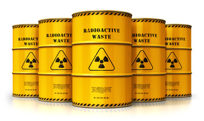 Wall Mural - Group of yellow drums with radioactive waste isolated on white background