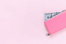 Pink Purse With Hundred Dollar Banknotes On Pink Background. Flat Lay, Top View, Copy Space 