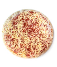 Top View Of Frozen Pizza In Transparent Plastic Wrap On White Background