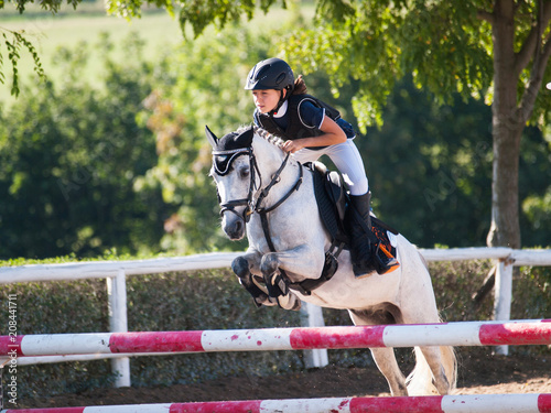 Fotomural Girl with white pony jumping over the hurdle on equine competition