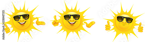Fotografía Cartoon Sonne mit Sonnenbrille und Hand Gesten - Set, Daumen hoch, Top, präsenti
