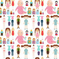 Wall Mural - Dolls toy character game dress and farm scarecrow rag-doll seamless pattern background vector illustration