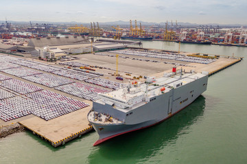 Wall Mural - Port terminal with a lot of new cars and containers. Business logistic, Water transport