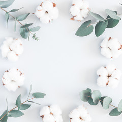 flowers composition. frame made of cotton flowers and eucalyptus branches on pastel blue background.