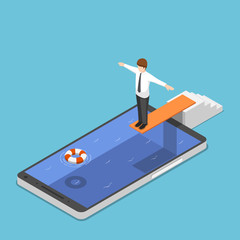 Poster - Isometric businessman on springboard ready to jump in the smartphone pool