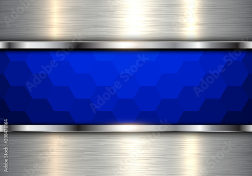 Background blue hexagons banner and steel metal texture