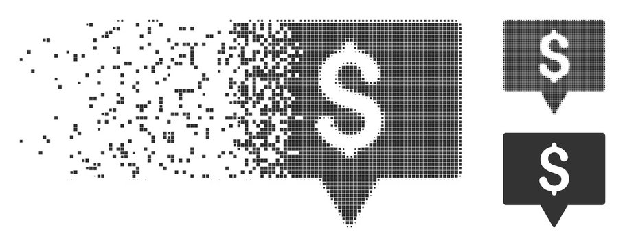Dispersed bank map pointer dotted icon with disintegration effect. Halftone pixelated and undamaged solid gray versions are included.