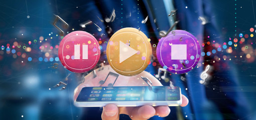 Poster - Man holding a Music button and notes playing  3d rendering