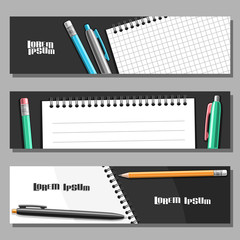 Wall Mural - Vector set of horizontal Banners, 3 layouts for website headers with blank checkered note book, pen and pencil, copyspace for advertising text, design templates with dark background for presentation.