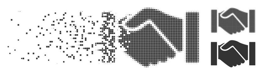 Fototapete - Dispersed handshake pixel icon with disintegration effect. Halftone pixelated and undamaged entire grey versions. Dots have rectangular shape. Particles are grouped into disappearing handshake shape.