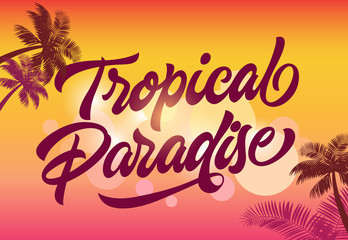 Tropical paradise greeting card template with palm silhouettes and sunset in background. Text can be used for banners, posters, invitations, postcards