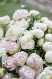 Fototapeta Tulipany - Beautiful bouquet of white and pink peonies . Floral composition, daylight. Wallpaper. Vertical photo