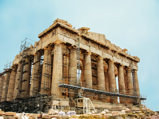 The Parthenon, Athens Acropolis, Greece. Famous ancient greek temple scaffolding during its restoration and reconstruction