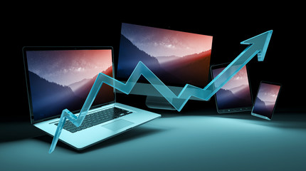 Poster - Blue arrow in front of modern tech devices 3D rendering